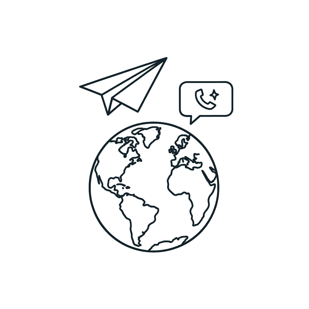 A hand-drawn globe and paper plane representing collaboration across borders